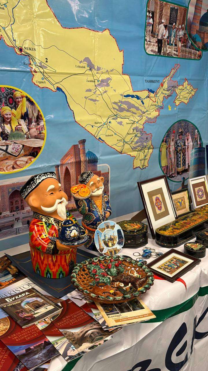 Cultural display table with ceramics, dolls, embroidery, and a map of Central Asia